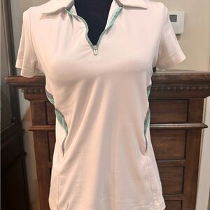 Women's White and Green Zip Polo Golf Shirt